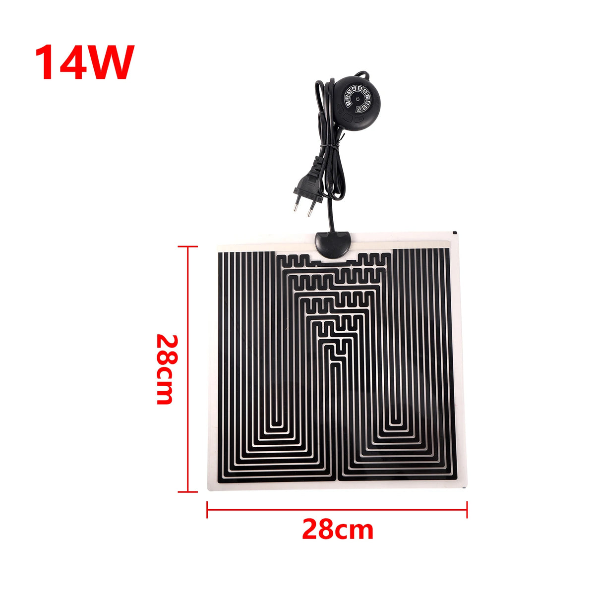 A black reptile heat mat with a thermostat and power cord, measuring 28cm by 28cm.