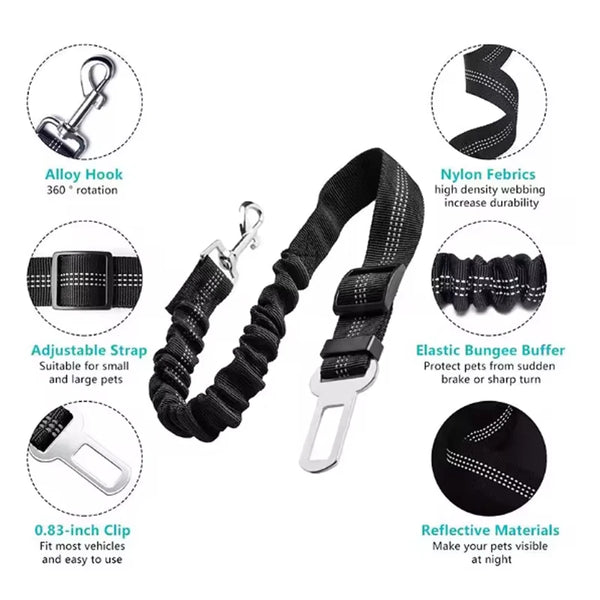 Adjustable dog car seat belt featuring alloy hook, nylon fabrics, and reflective materials for pet safety