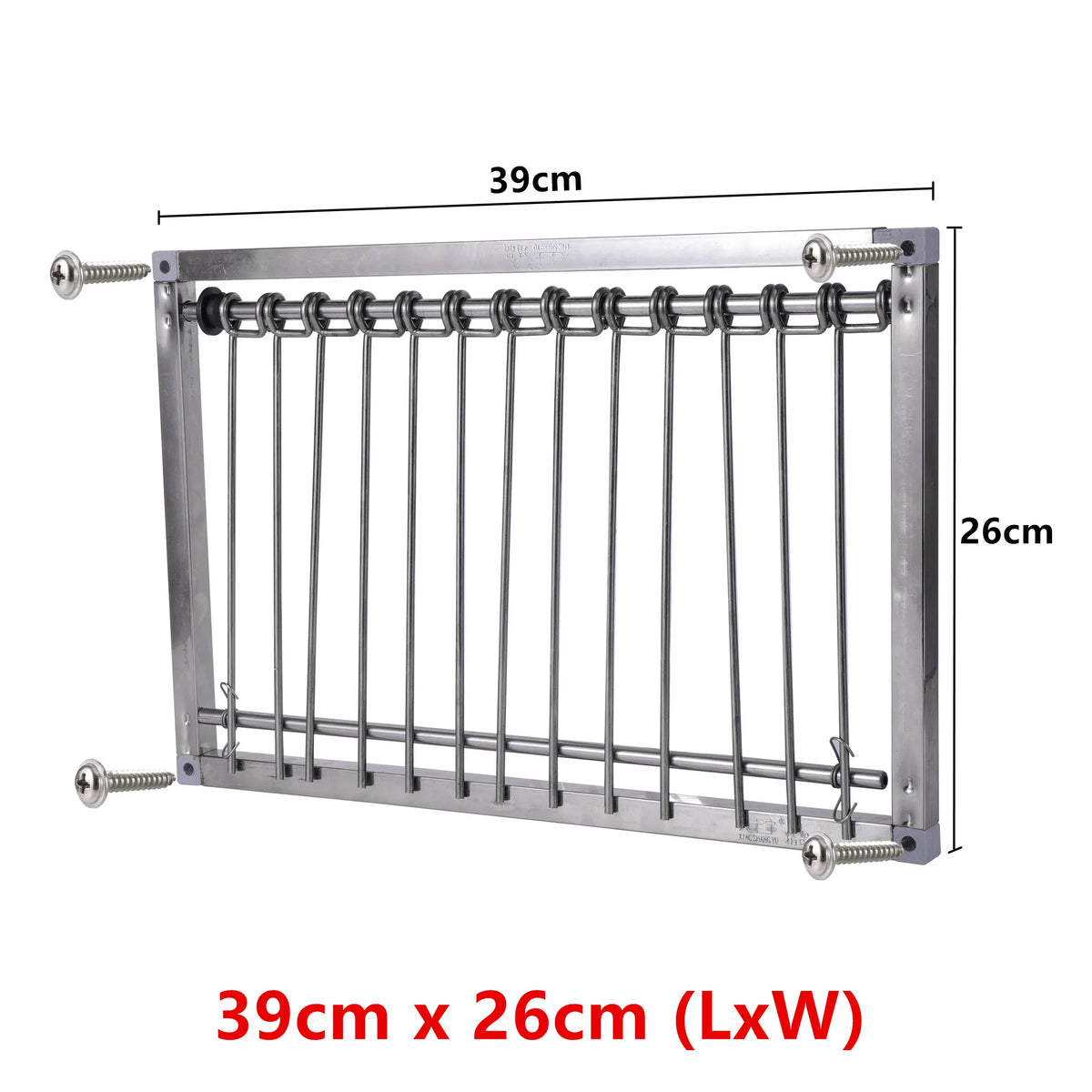 Stainless steel pigeon loft trap door with vertical bars, measuring 39cm by 26cm.