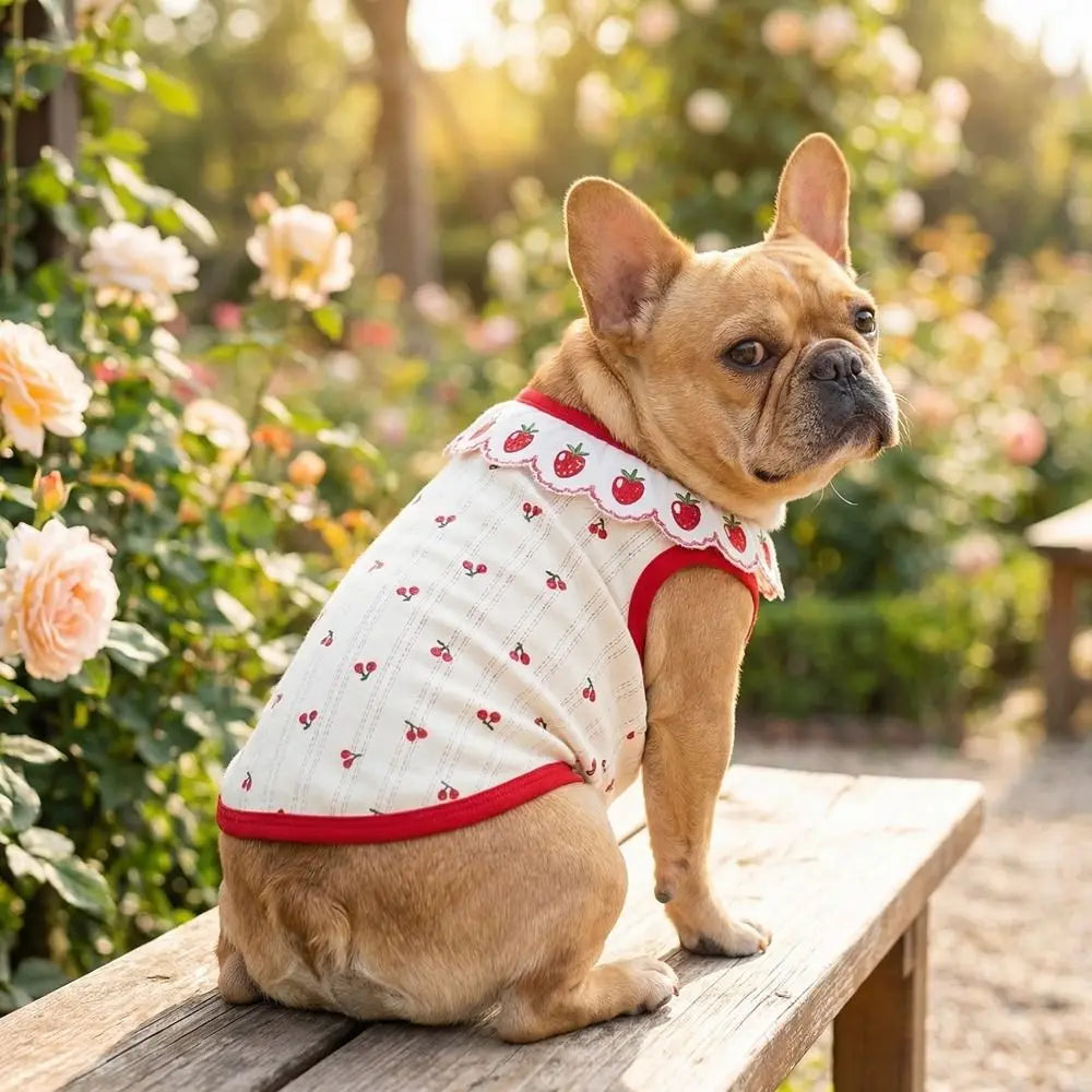 Ruffled Collar Cat Strawberry Vest with Cherry Pattern