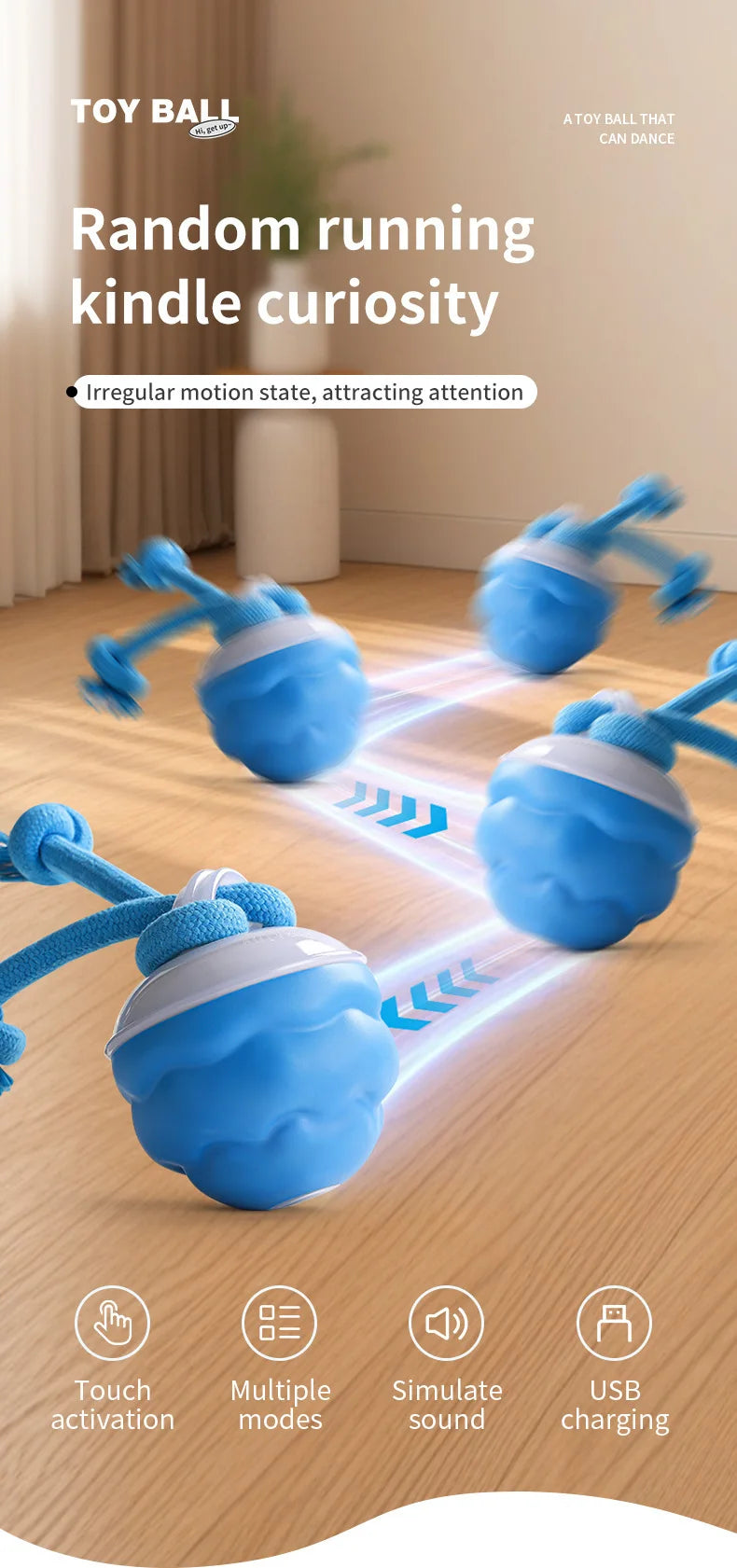 Interactive Rolling Dog Ball with Motion Sensor and Rope