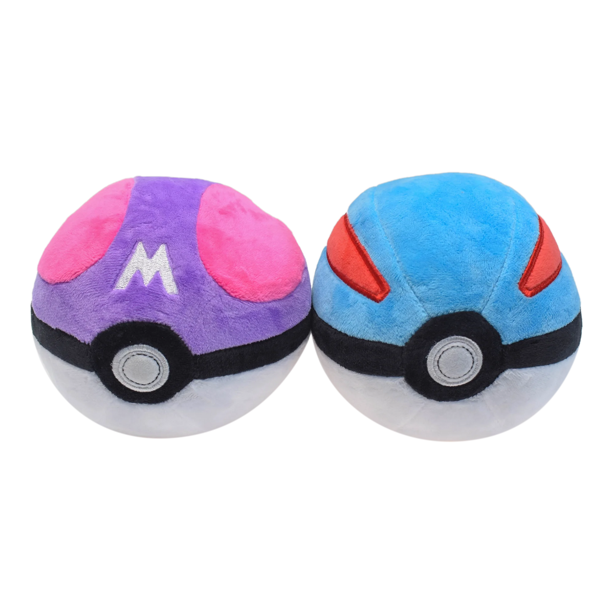 A pair of soft stuffed Poké Ball plush toys, one purple and one blue, featuring a white 'M' symbol.