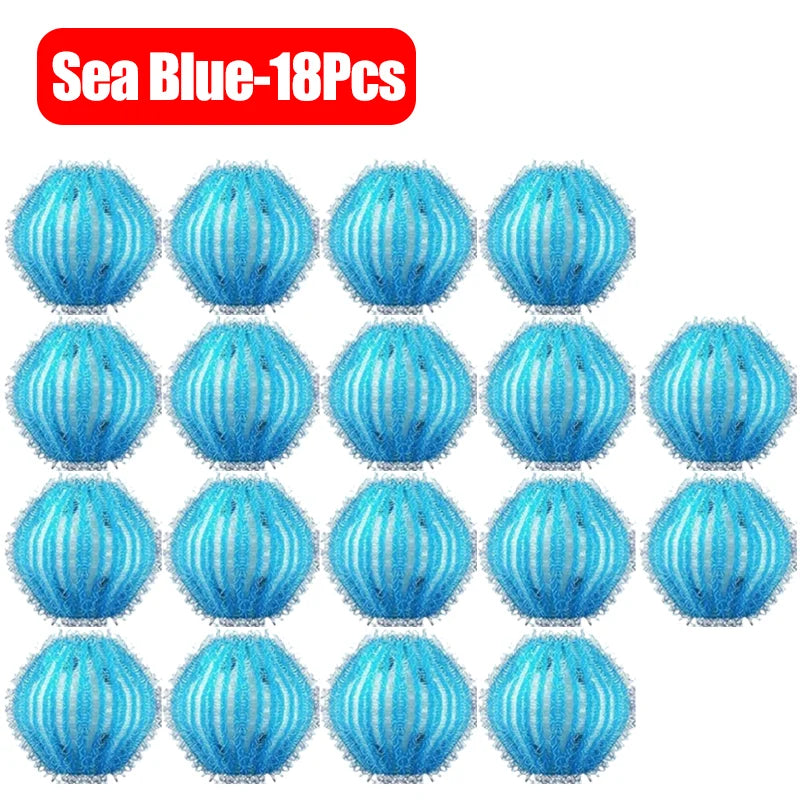 A grid of 18 light blue reusable lint filter balls for laundry.