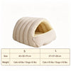 A beige washable corduroy cat cave bed for cats and small dogs shown from the side.
