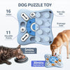 A light blue dog puzzle toy with 16 holes and 11 movable points shown next to a cat and a dog.