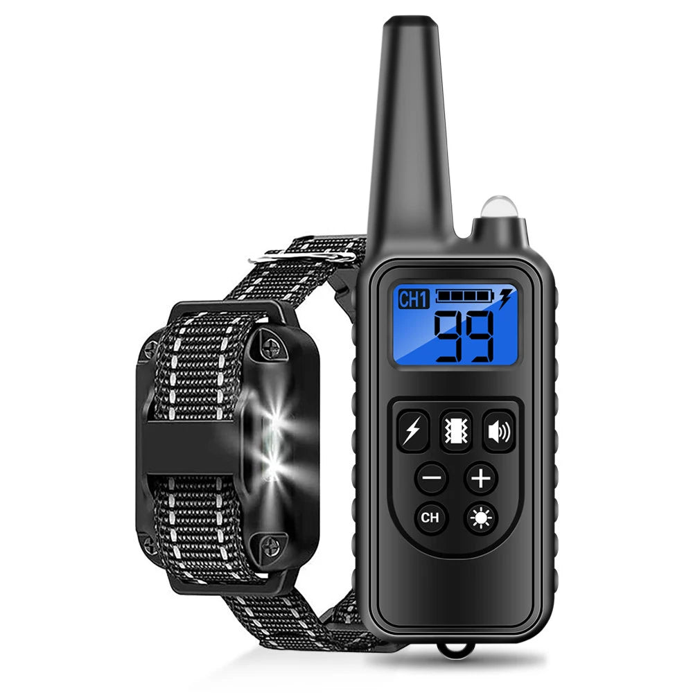 A black long-range dog training collar with a remote control and digital display is shown.