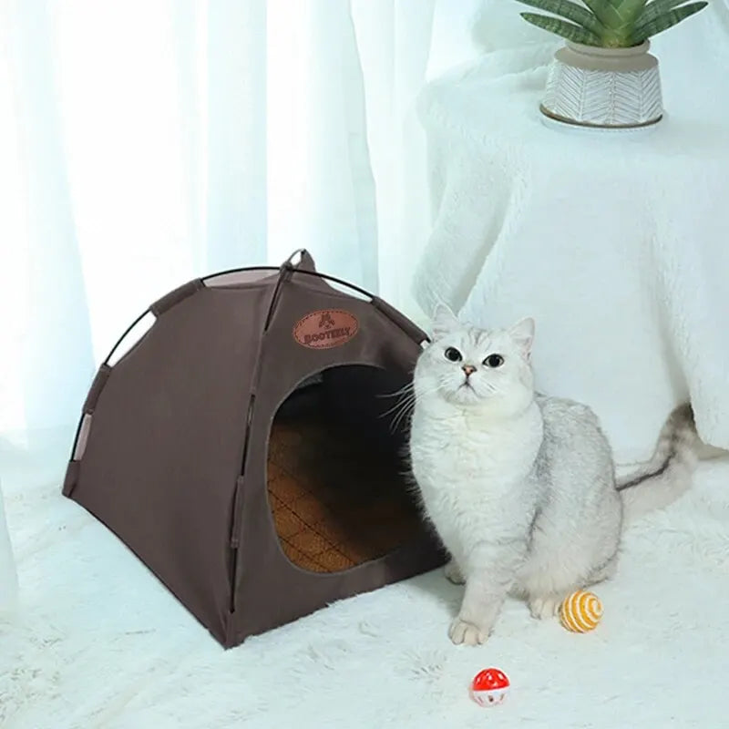 A brown foldable outdoor cat tent is placed on a white surface next to a white cat and a small orange ball.