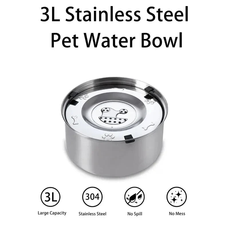 A silver 3L stainless steel pet water bowl with a floating splash guard.