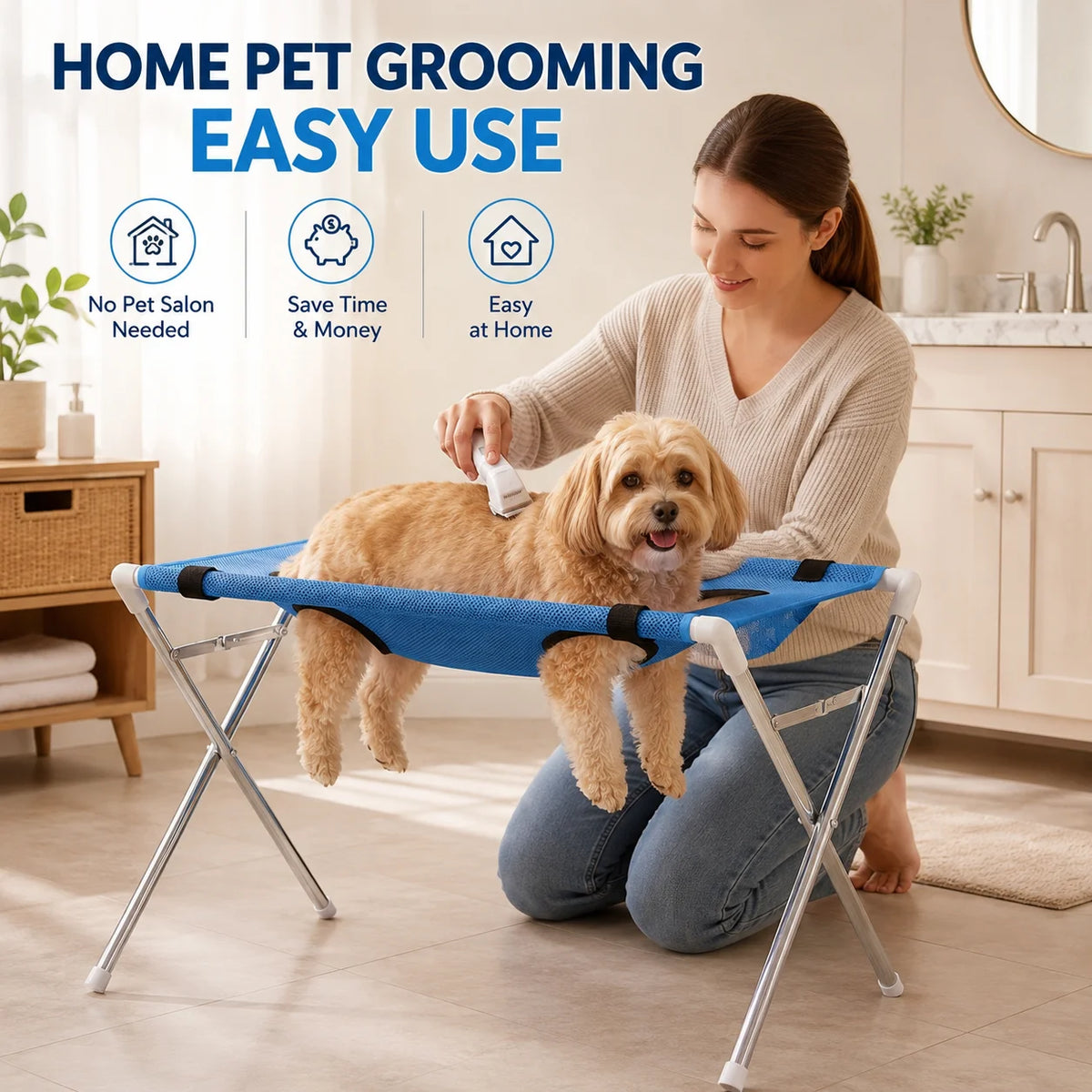 Foldable Pet Grooming Hammock Stand with Breathable Mesh