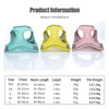 A set of four adjustable pet harnesses in various colors, including teal, yellow, and pink, shown with corresponding leash le