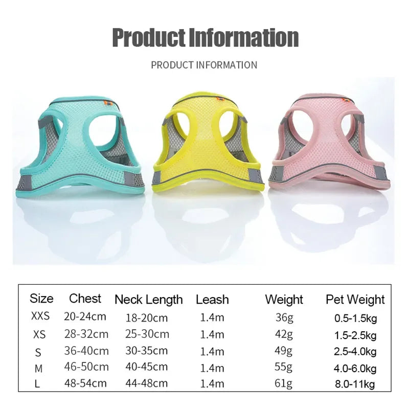 A set of four adjustable pet harnesses in various colors, including teal, yellow, and pink, shown with corresponding leash le