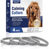 A pack of gray pet calming collars displayed next to a golden retriever.