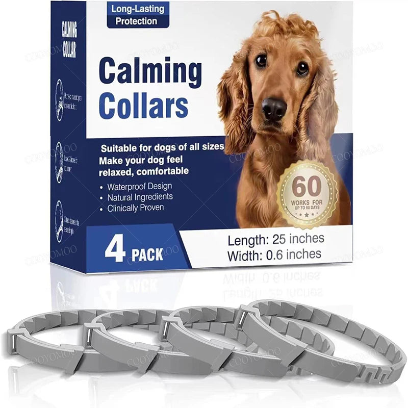 A pack of gray pet calming collars displayed next to a golden retriever.