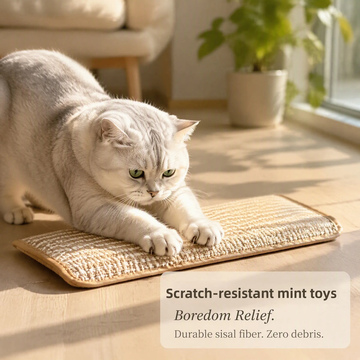 A white cat is relaxing on a jute scratching pad indoors.