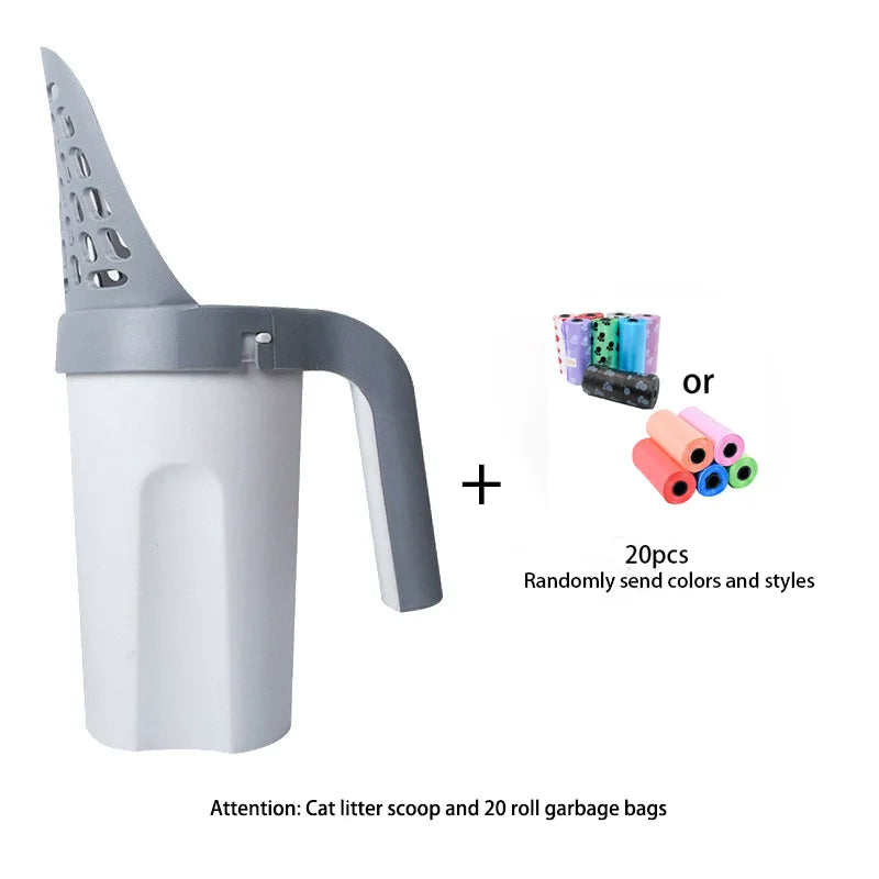 A white integrated pet waste scoop with a gray handle and 20 randomly selected colored garbage bags.