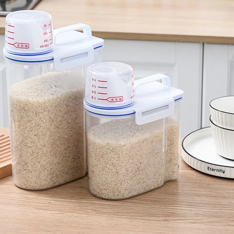 Clear airtight pet food storage containers with measuring scales and lids on a wooden surface