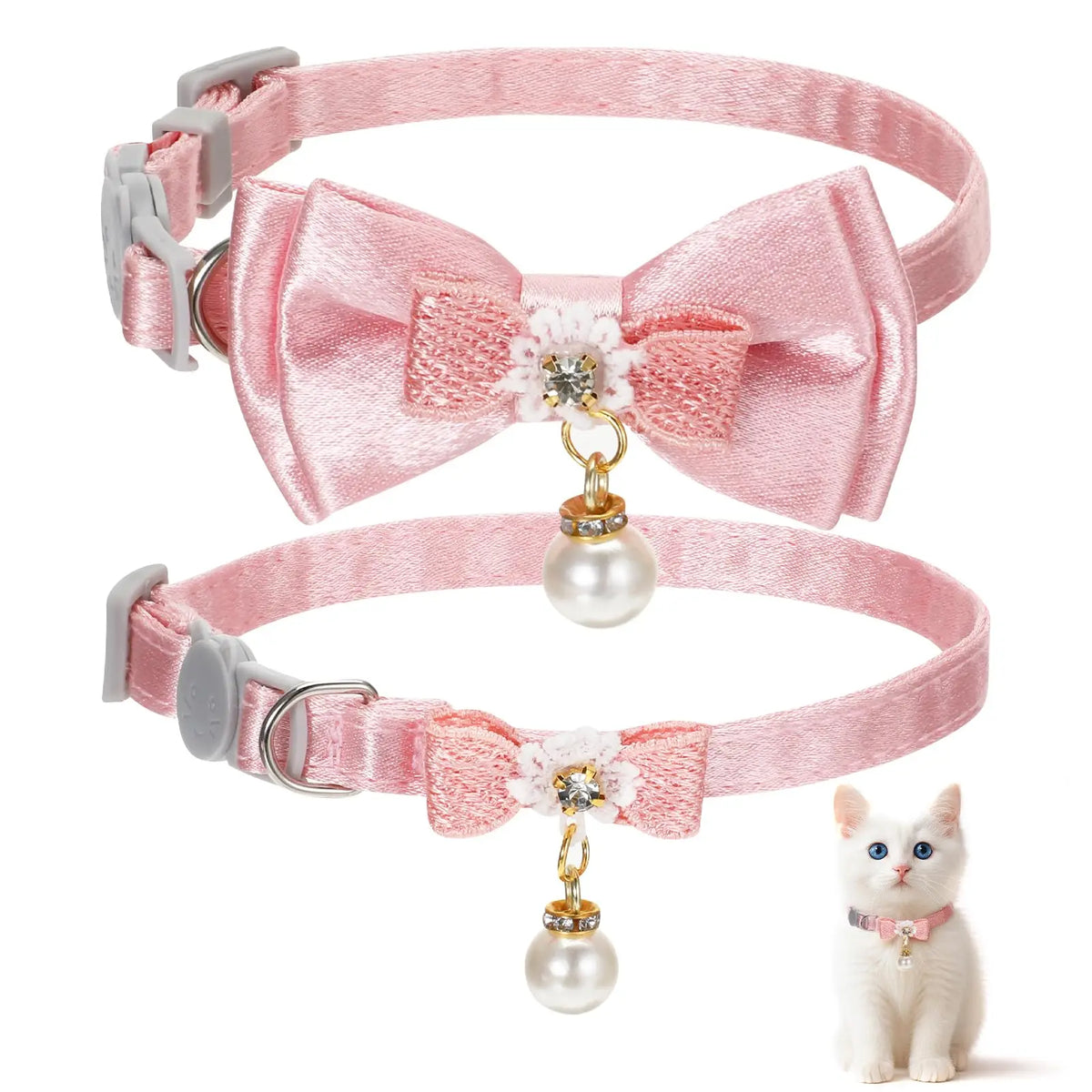 Pink satin bow cat collar with a breakaway safety buckle and pearl charm