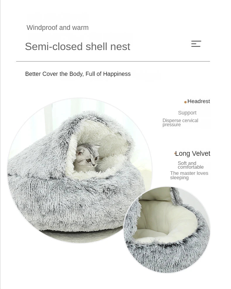 Winter Plush Round Cat Bed 2-in-1 Warm Cat House