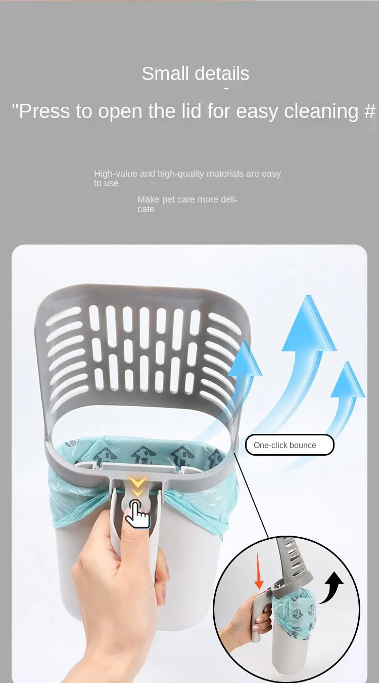 A hand is shown pressing a lid to open a white cat litter scoop with a bin and refill bags for easy cleaning.