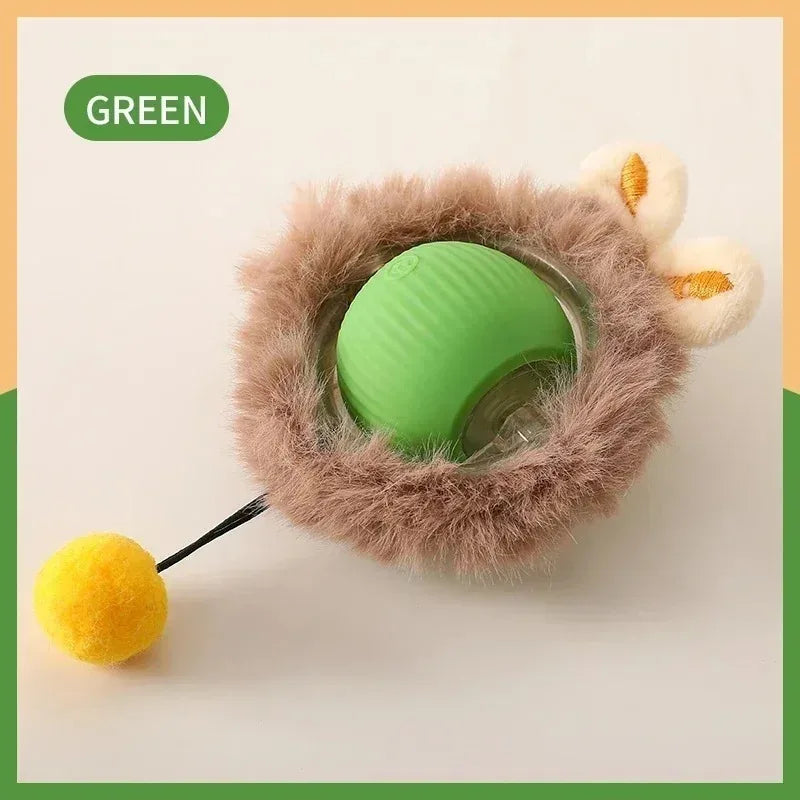 A green motion-activated cat toy featuring a fluffy brown pouch and a green rolling ball.