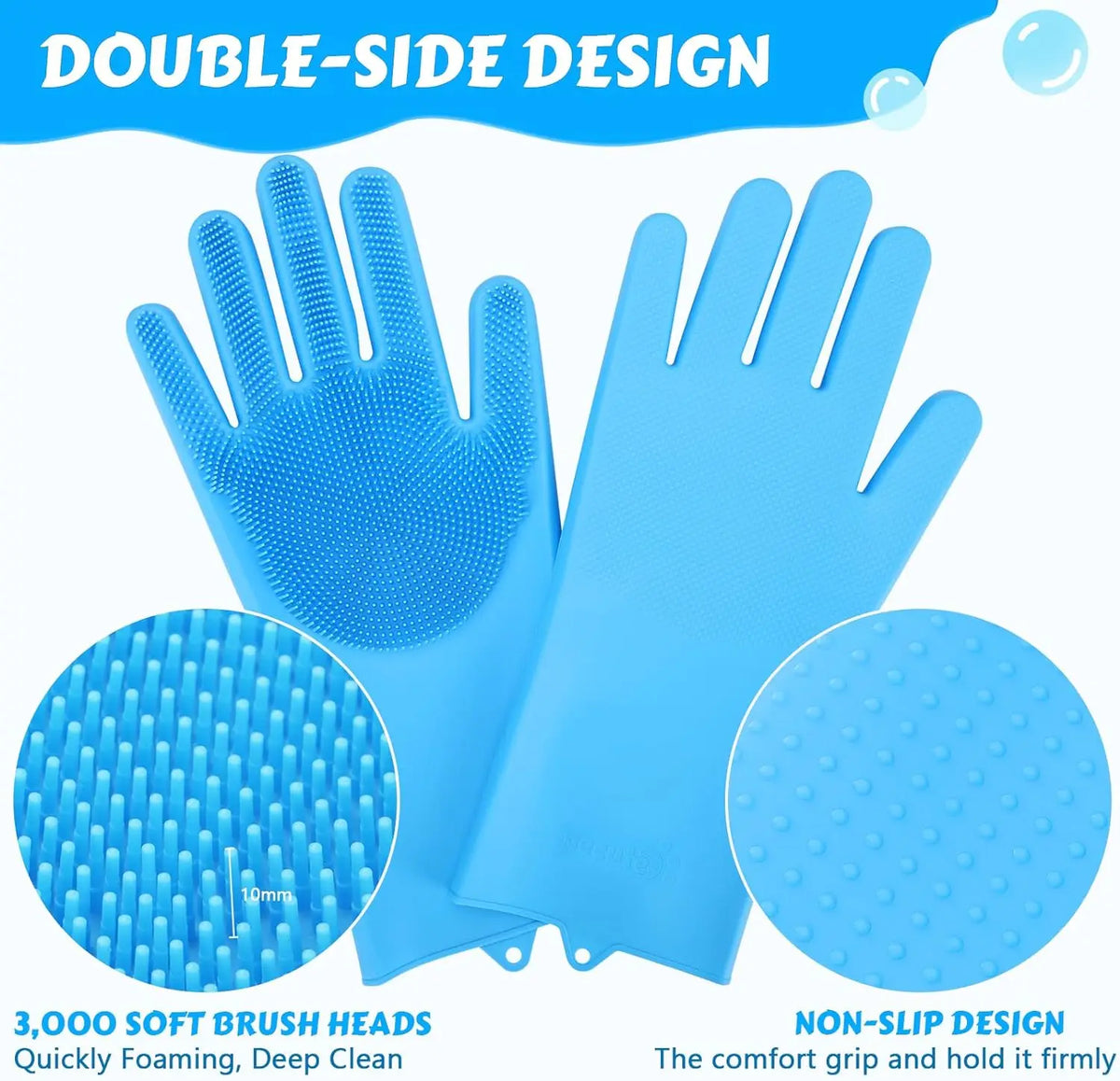 A pair of light blue double-sided pet grooming gloves with soft brush heads and a non-slip design.