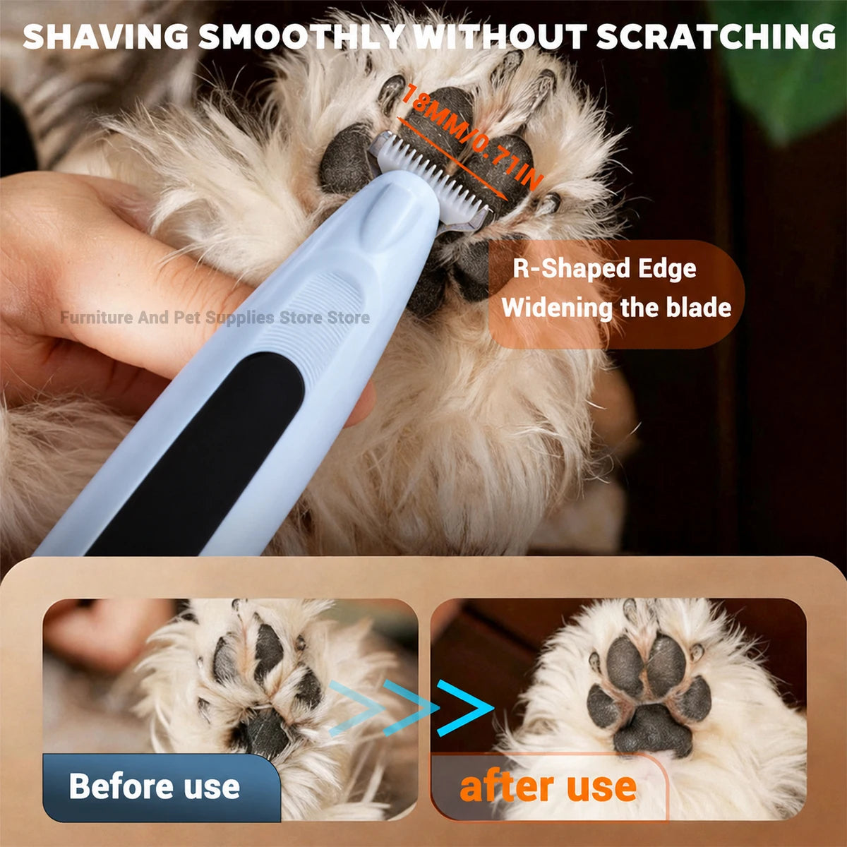 Eine Hand verwendet eine R-förmige Kante, um die Klinge eines Elektroscherers für das Glätten von Haaren beim Tiergrooming zu