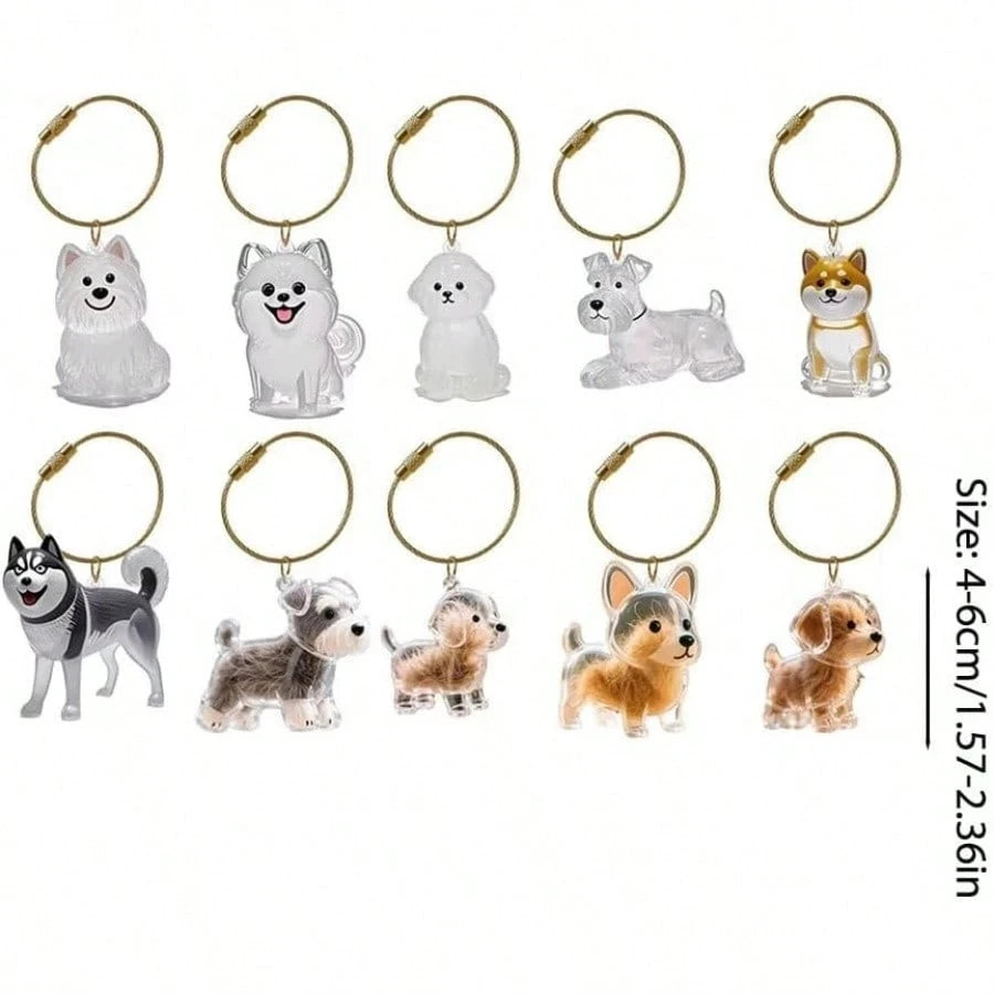 A collection of dog hair keepsake pendants featuring various dog breeds and puppies on gold-colored rings.