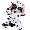 A white and black cow print dog costume with a hood featuring pink ears and yellow accents.