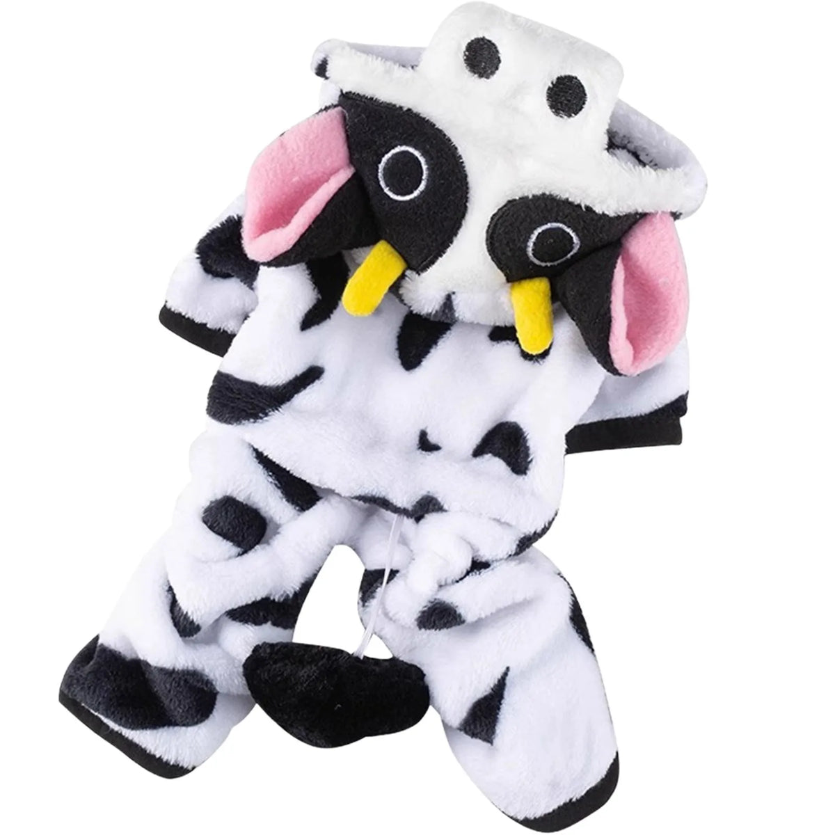 A white and black cow print dog costume with a hood featuring pink ears and yellow accents.
