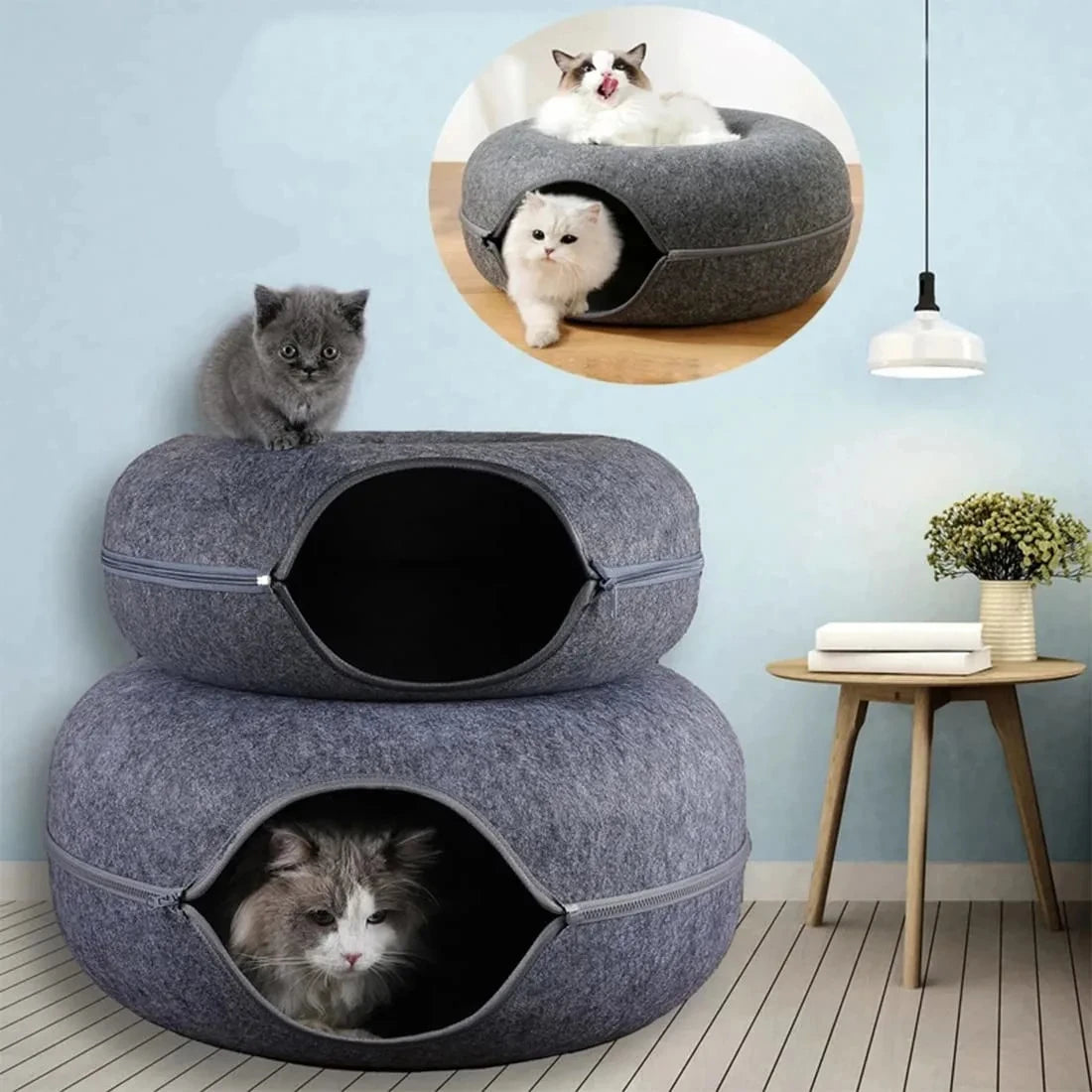 A gray felt cat bed and tunnel nest with a scratch surface, featuring multiple nested sleeping areas.