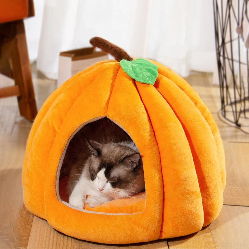 3D Pumpkin Pet House - Semi-Enclosed Bed with Removable Cushion