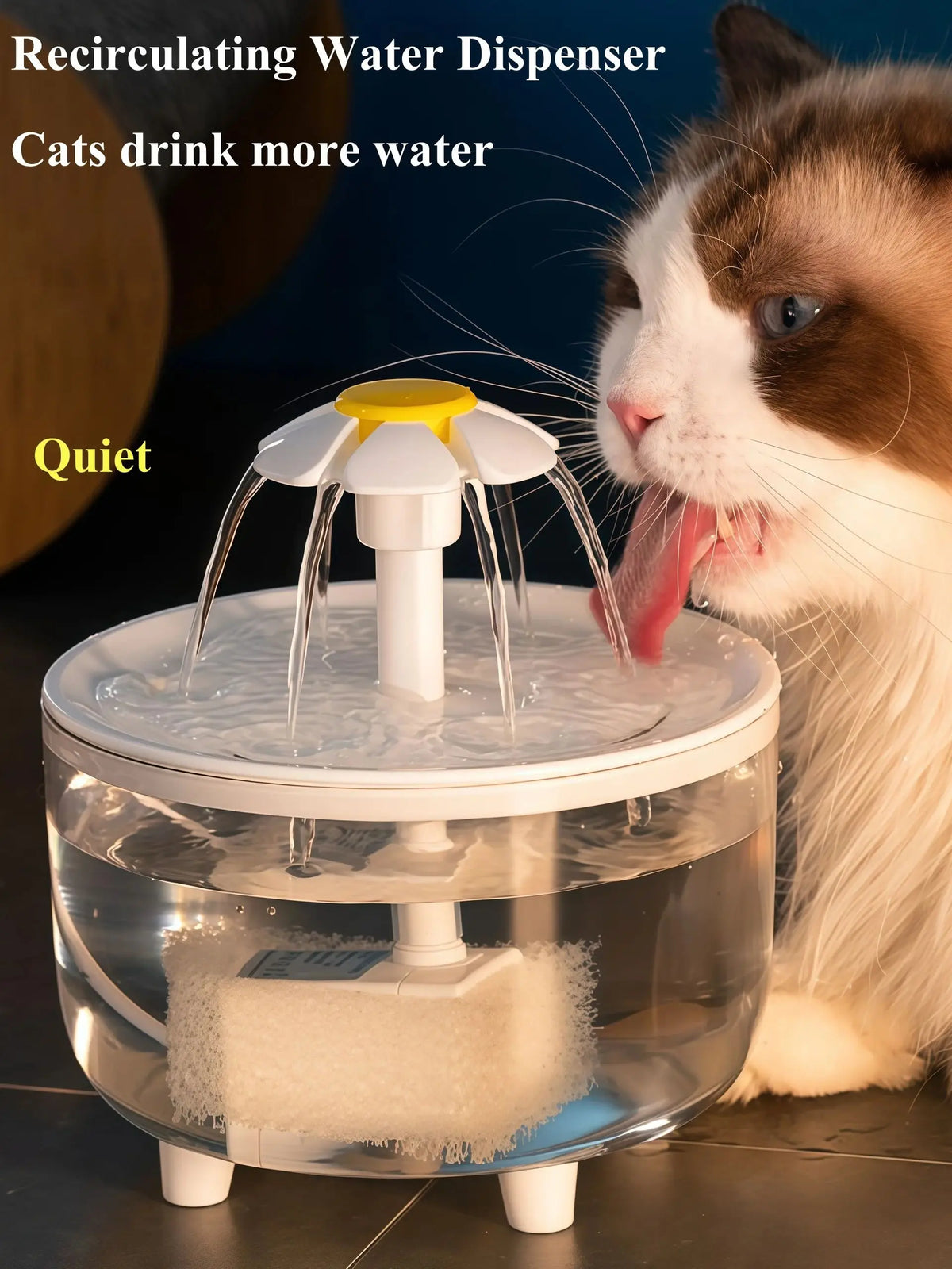 A cat is drinking water from a clear, automatic recirculating water dispenser with a filter.