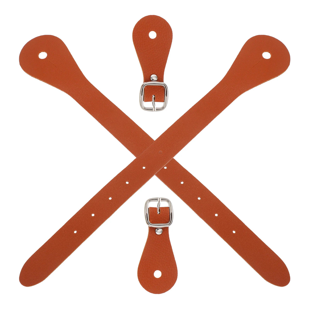 A set of four adjustable brown leather spur straps for western boots, arranged in an X shape.