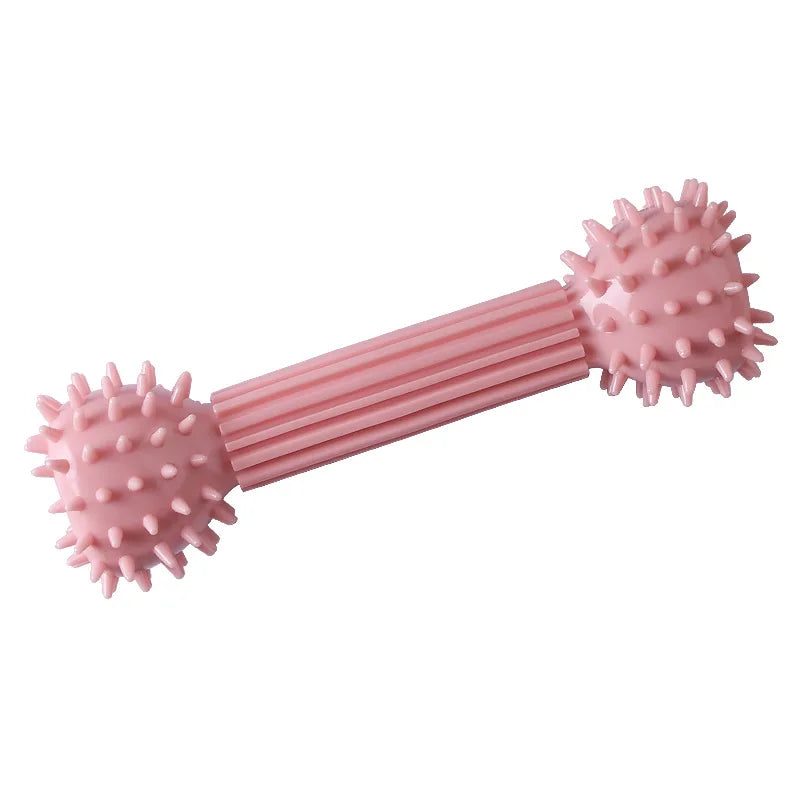 Pink rubber chew toy for small dogs featuring a dental cleaning texture.