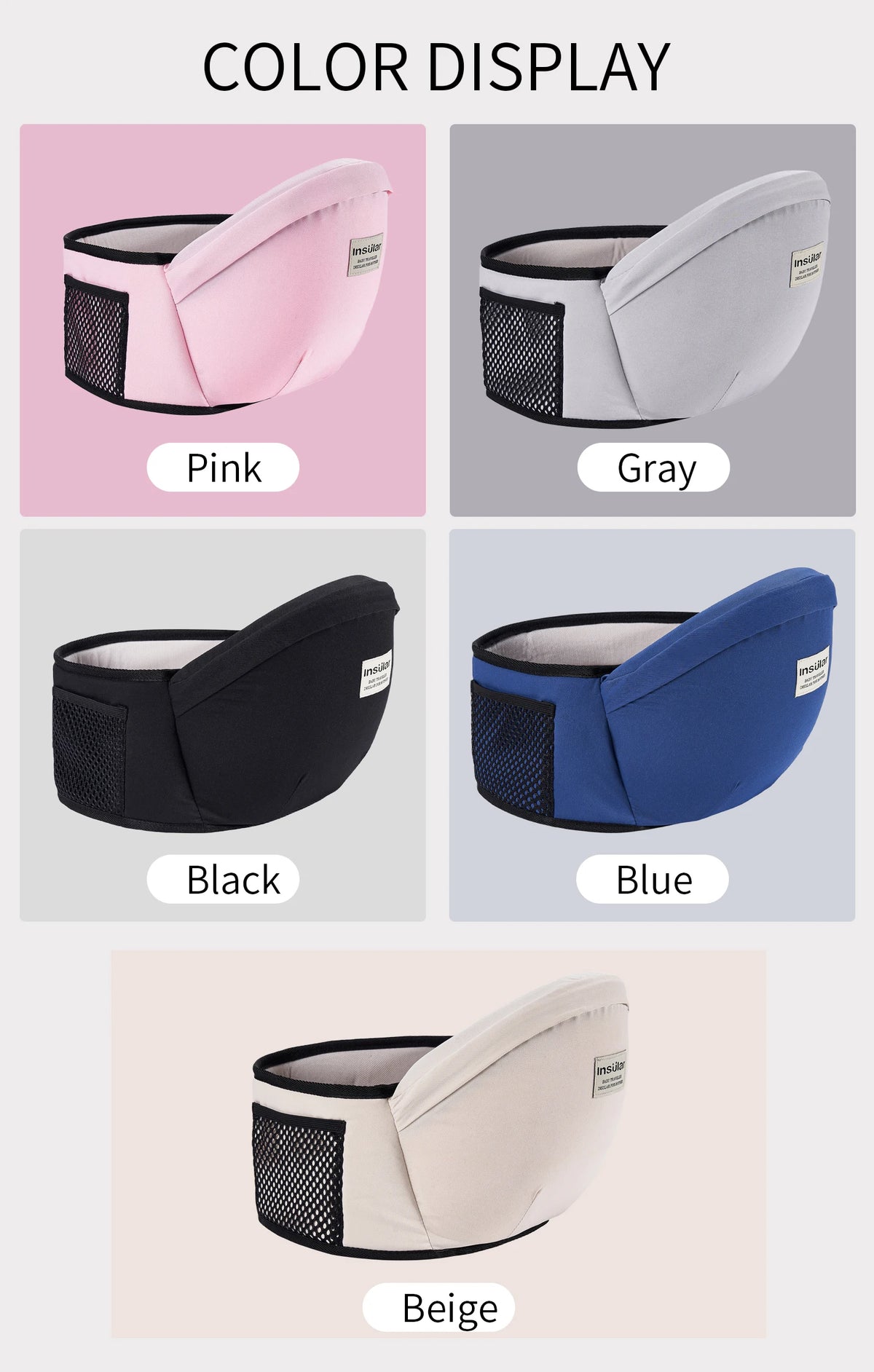 Espectro de colores (rosa, gris, negro, azul y beige) de un asiento de cadera y cinturón de cintura ajustable para portabebés