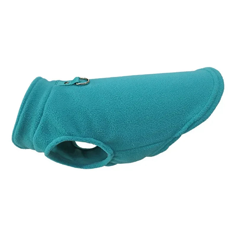 Chaqueta de forro polar azul verdoso para perro con un anillo D para collar