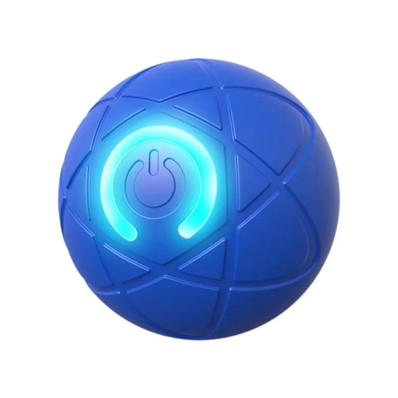 A bright blue interactive rolling dog toy ball with a glowing white power button symbol on its surface.