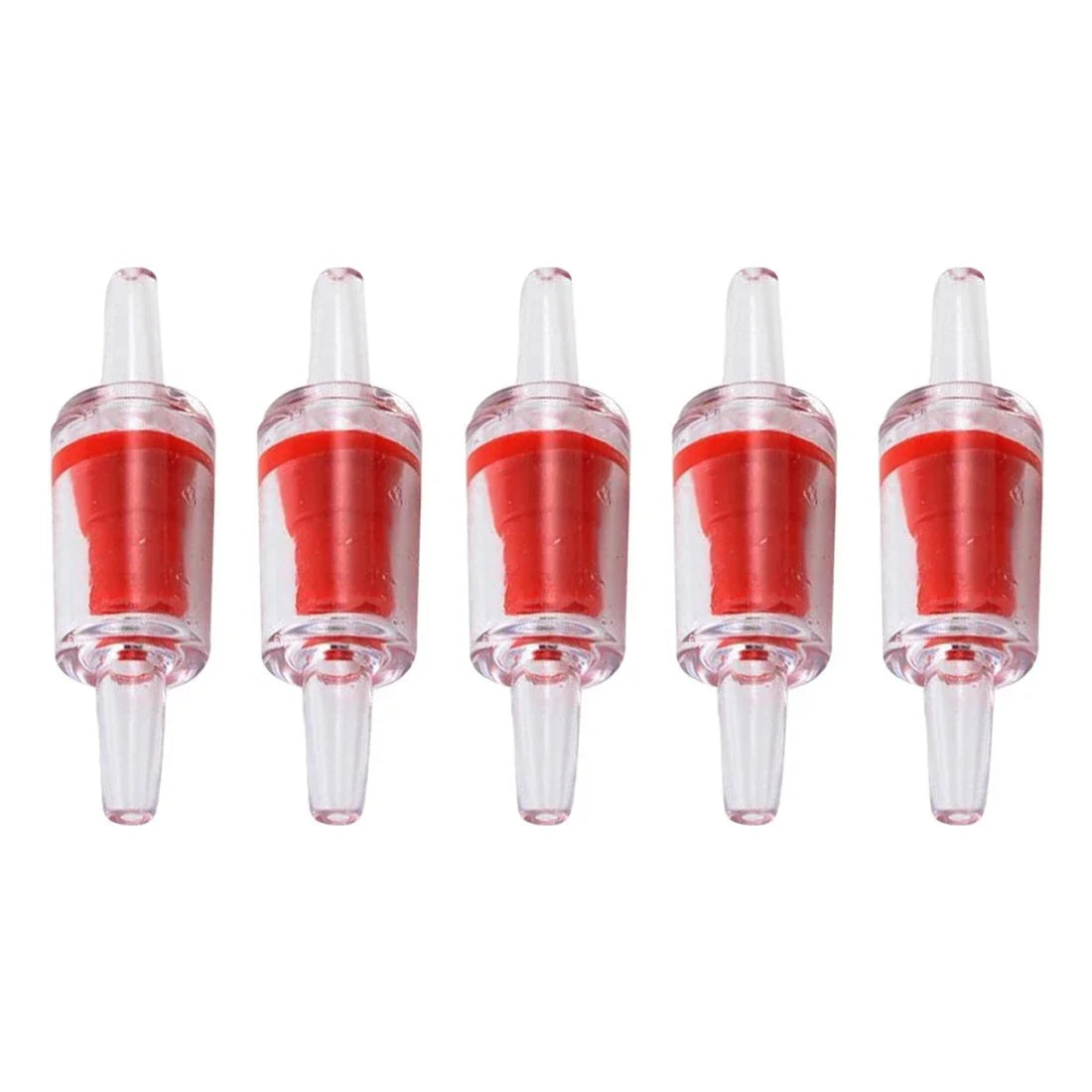 Five clear plastic aquarium air pump check valves with red internal components.