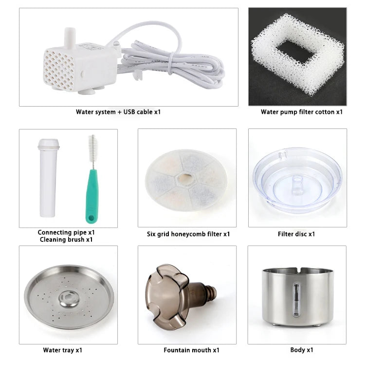 Stainless steel automatic pet water fountain with a body, water tray, and honeycomb filter.