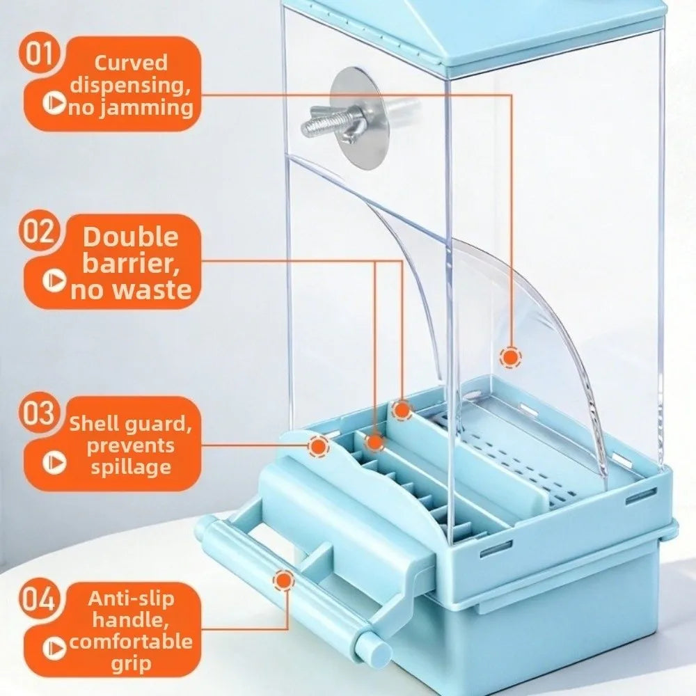 A clear automatic bird feeder with a double barrier, anti-slip handle, and spill-resistant design.