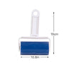 A white reusable lint roller with a blue roller cover and a plastic handle.