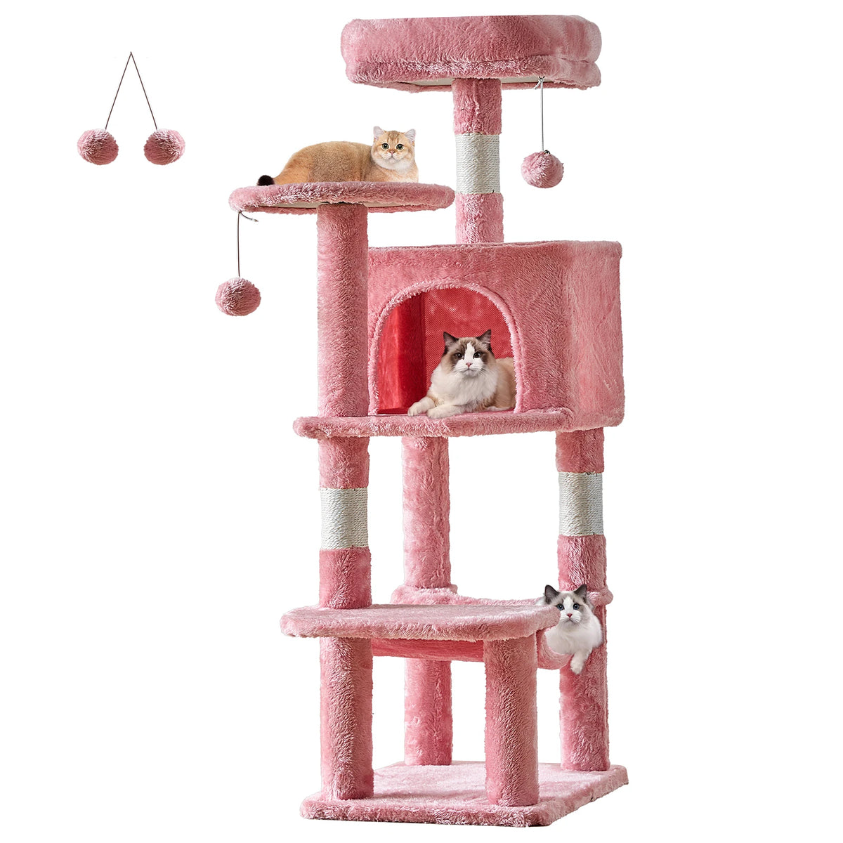 Tour de chat rose à plusieurs niveaux avec diverses plateformes et jouets suspendus pour chats d'intérieur.
