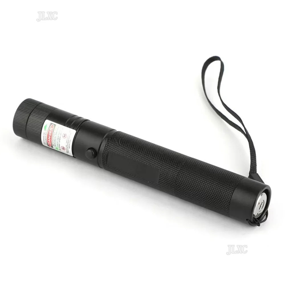 Black laser pointer pen with a green focus light and a black textured body.