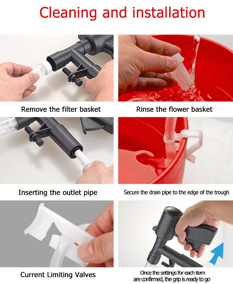 Step-by-step instructions showing cleaning and installation of a manual aquarium water change pump and gravel cleaner.