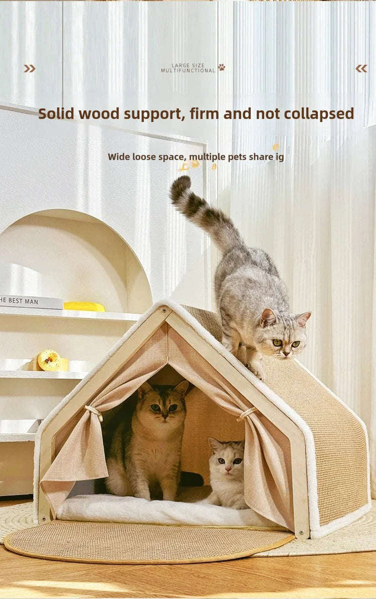 A gray tabby cat is perched on a light wood wooden cat nest with a semi-enclosed bed and scratching board.