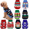 A collection of knitted winter dog sweaters featuring various holiday patterns and colors for small breeds.