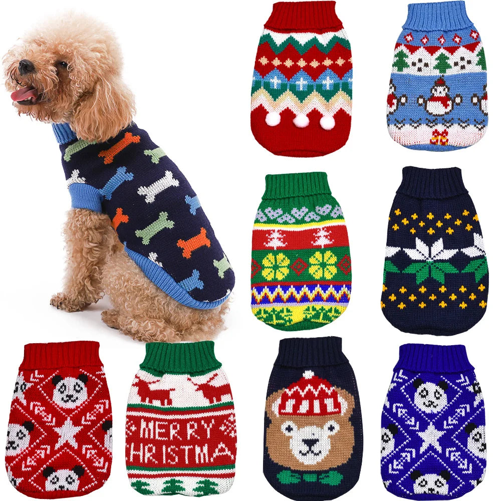 A collection of knitted winter dog sweaters featuring various holiday patterns and colors for small breeds.