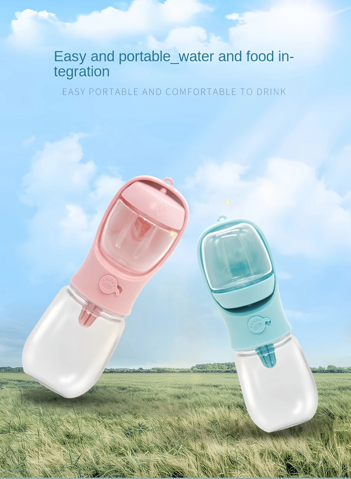 Zwei portable Wasser- und Lebensmittel-Flaschen, eine pinke und eine hellblaue, im Freien gezeigt.