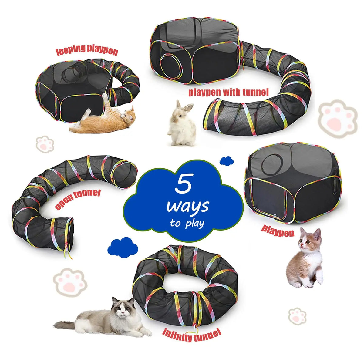 Enclos extérieur noir pour chat avec jeu en boucle, tunnel et divers jouets.