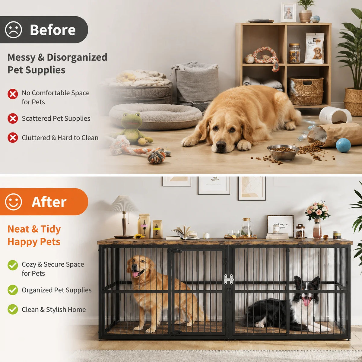 Extra Large Wooden Double Dog Crate with Divider and 3 Doors